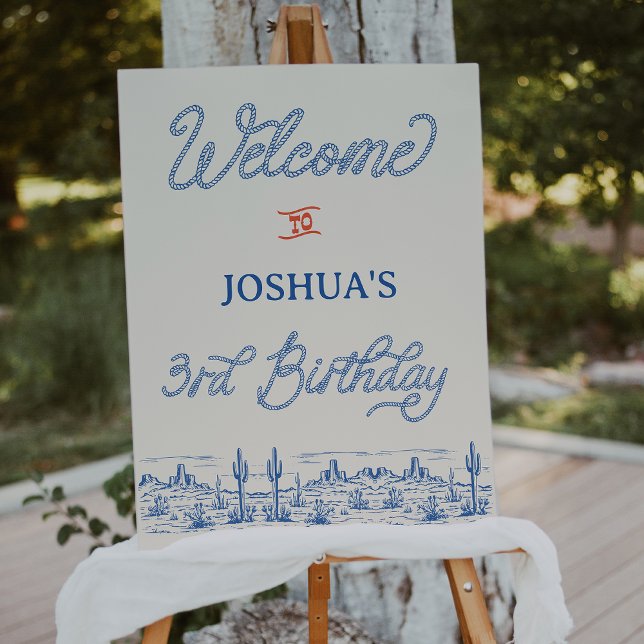 Pôster Boys Blue Red Rodeo - Sinal de boas-vindas (Boys Blue Rodeo 3rd Birthday Welcome Sign, Wild West, Western Cowboy Southern Country Welcome Sign)