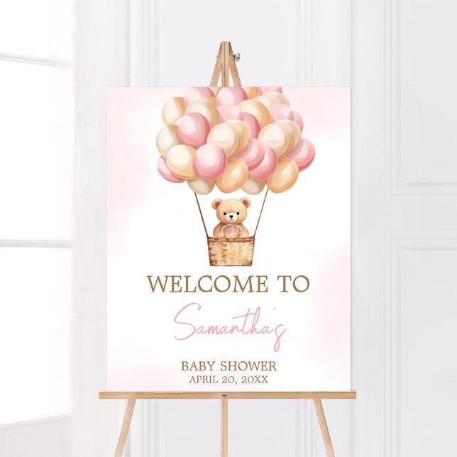 Poster Bprecoce Espere Rosa Ar Quente Balão de Ar Bem-vin (Girl Baby Bear Balloons Baby Shower Welcome Sign)