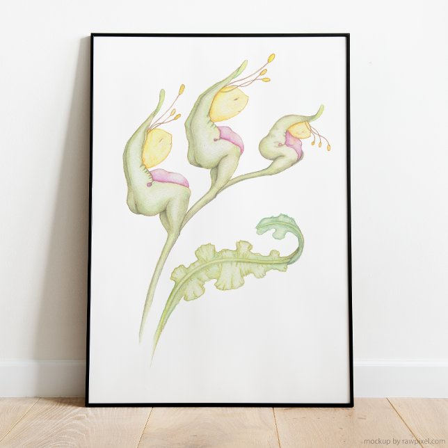 Poster Branca botânica, fantasia floral, criatura aquátic (Whimsical floral fantasy beings on plant stem in watercolor artwork)