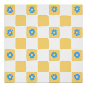 Pôster Branco Amarelo Verificado Com Padrão De Flor Azul