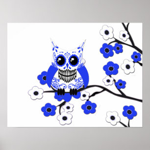 Poster branco azul da coruja das flores de