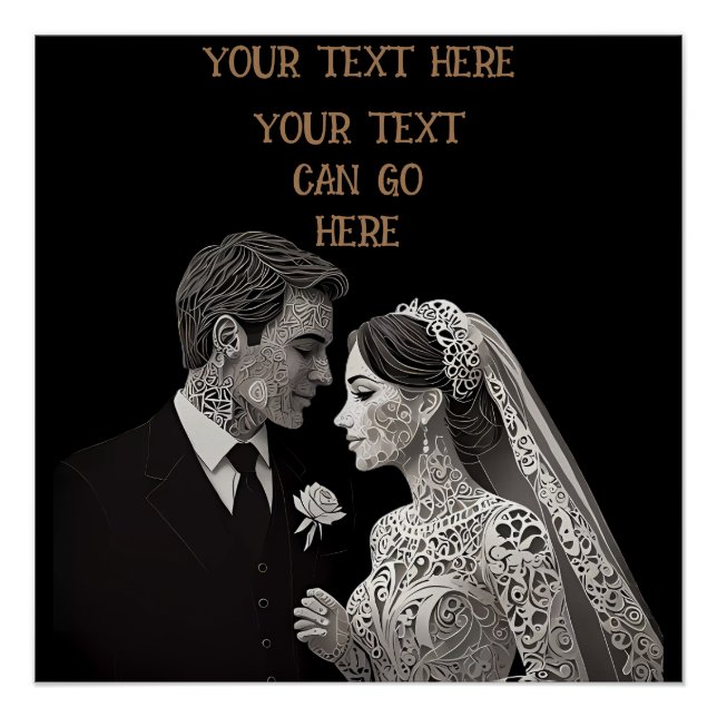 Pôster Branco delicado de noiva e noivo em preto (Frente)