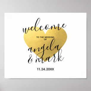 Poster Branco Dourado do coração do casamento do sinal 