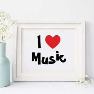 Pôster Branco e Preto Eu Amo Música Coração Vermelho