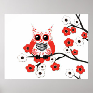 Poster branco vermelho da coruja da flor de