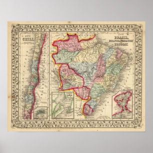 Poster Brasil, Bolívia, Paraguai, Uruguai Map de Mitchell