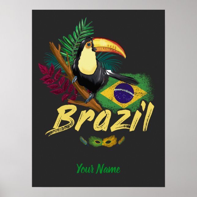 Poster Brasil: Vintage Toucan com Bandeira e Máscara de S (Frente)