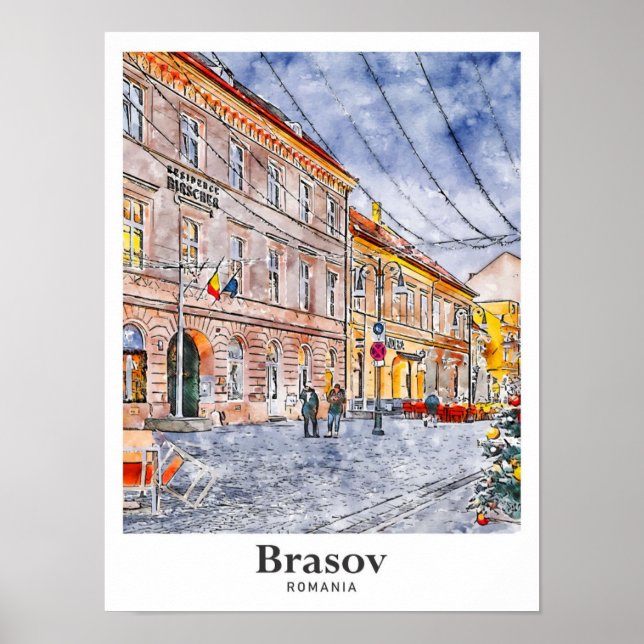 Poster Brasov Romênia Viagem Watercolor - Desenhado (Frente)