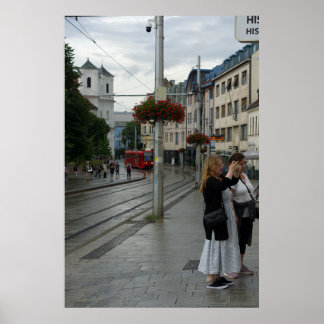 Poster Bratislava Cathedral and Red Tram Street Scene
