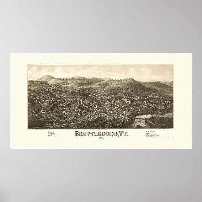 Poster Brattleboro, Mapa Panorâmico VT - 1886 (Frente)