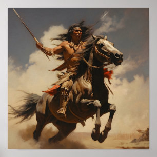 Poster Bravo Nativo Americano Jogando Lança de Horseb