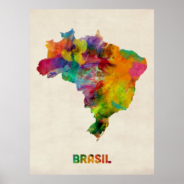Pôster Brazil Watercolor Map (Frente)