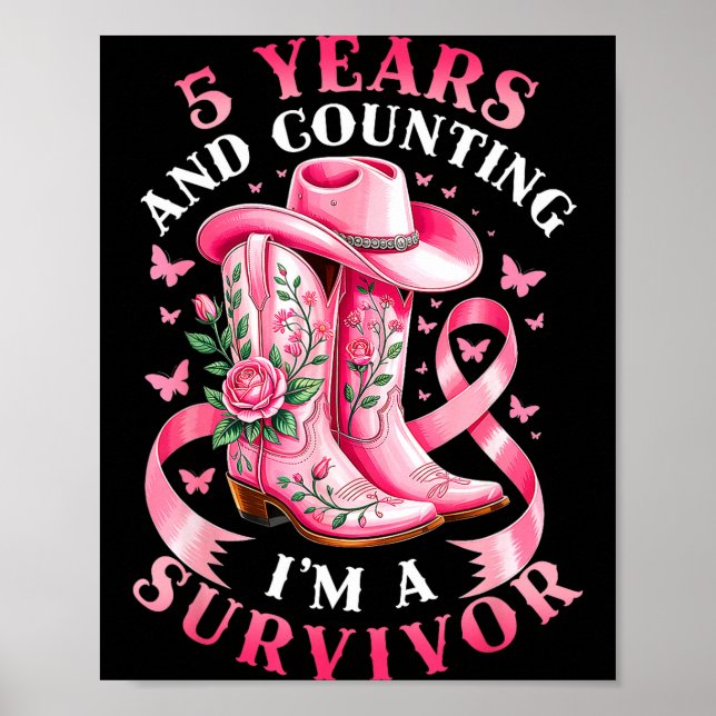 Poster Breast Cancer 5 Years Survivor Nk Ribbon Cowgirl G (Frente)