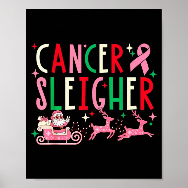 Poster Breast Cancer Christmas Nk Ribbon Santa Sleigh Rei (Frente)