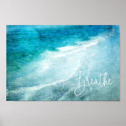 Poster Breathe Yoga Cote Retro Beach Teal Blue Ocean