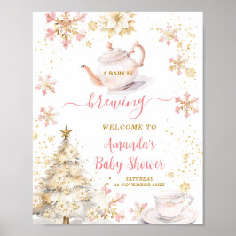Poster Brewing Pink Winter Tea Party Baby Shower Welcome