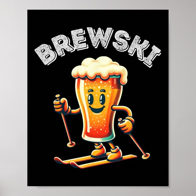 Poster Brewski Winter Skiing Beer Ski Retro Cartoon Engra (Frente)