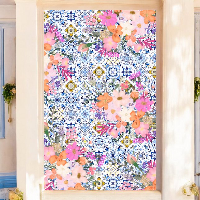 Poster Bridal floral de azulejo azul italiano (Italian blue tile watercolor floral bridal poster)