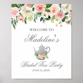 Poster Bridal Shower Tea Party Pink Floral Silver Welcome