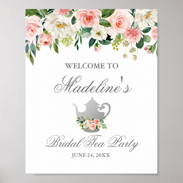 Poster Bridal Shower Tea Party Pink Floral Silver Welcome (Frente)