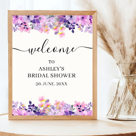 Poster Bridal shower with watercolor Purple Flowers