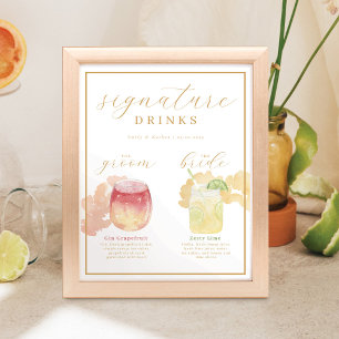 Poster Bride & Groom Signature Drinks Cocktail Aquarela