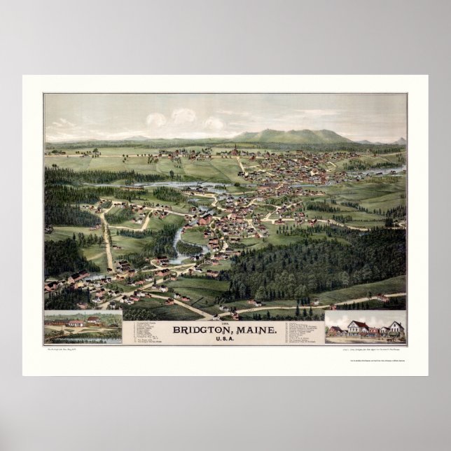 Pôster Bridgton, Mapa Panorâmico do ME - 1888 (Frente)