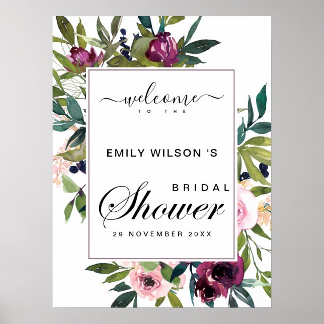 POSTER BRIGHT BLUSH BURGUNDY FLORAL BRIDAL SHOWER DE BOAS (Frente)