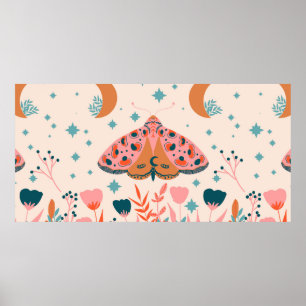 Poster Bright Folk art Moths pattern