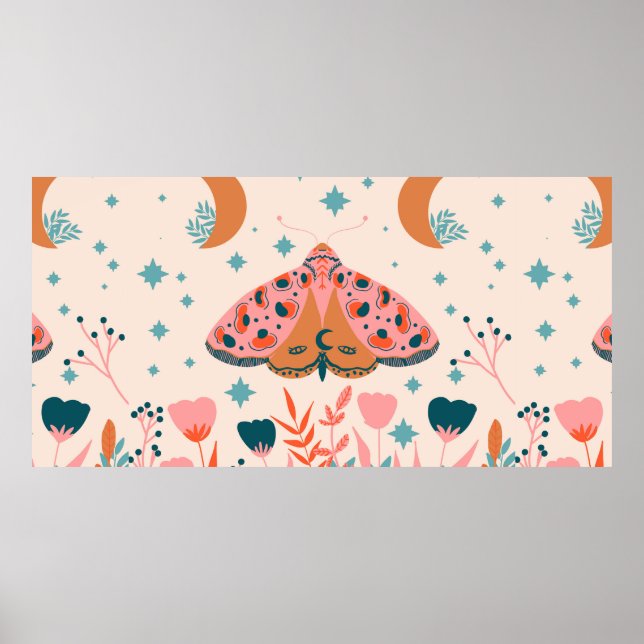 Poster Bright Folk art Moths pattern (Frente)