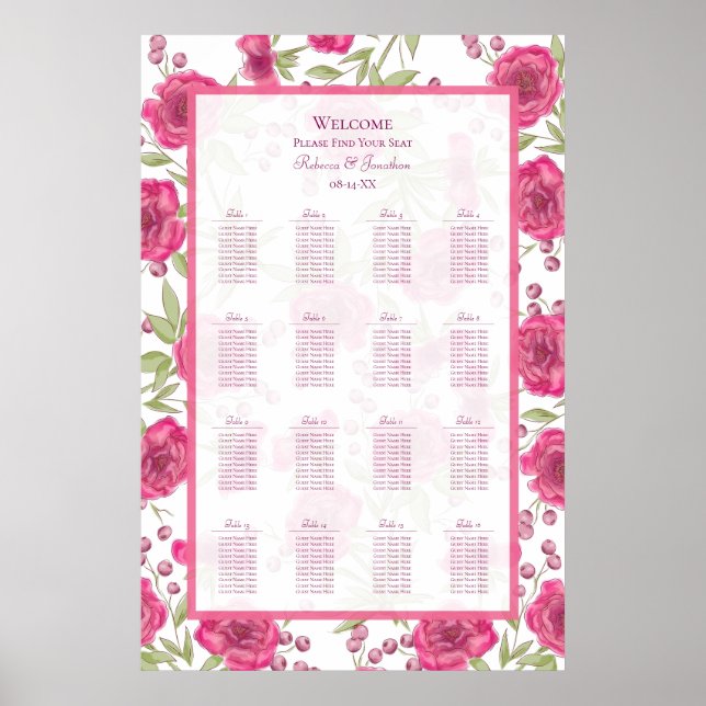 Poster Bright Pink Rose Wedding Seating Chart (Frente)