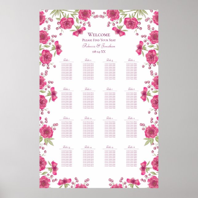 Poster Bright Pink Rose Wedding Seating Chart (Frente)