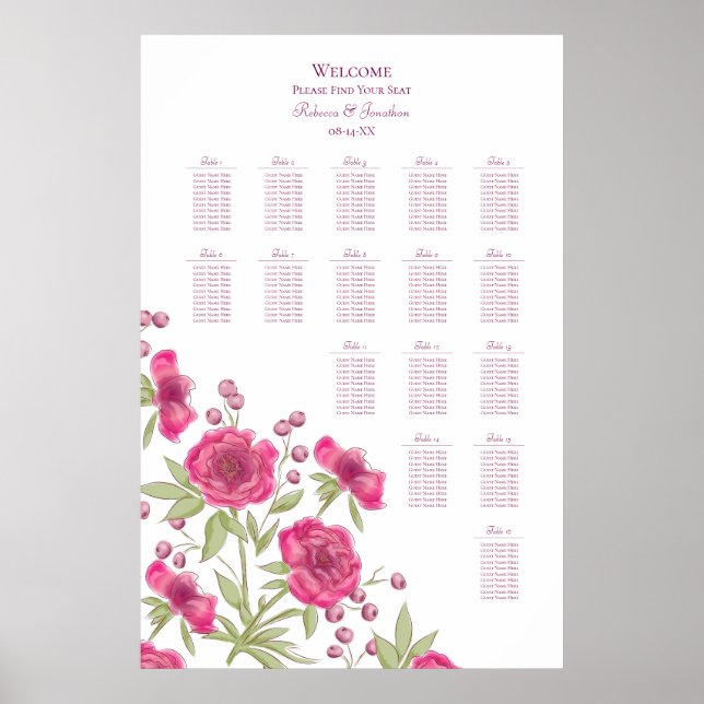 Poster Bright Pink Rose Wedding Seating Chart (Frente)