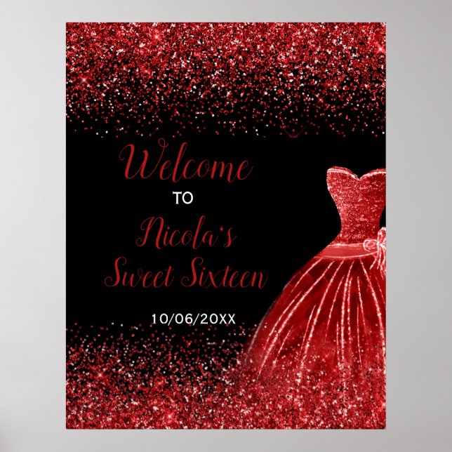 Poster Bright Red Dress Faux Glitter Sweet 16 Welcome (Frente)