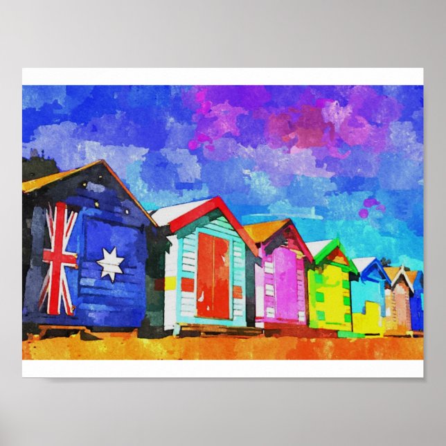 Pôster Brighton Bathing Boxes Watercolor Painting (Frente)