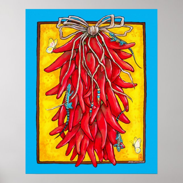 Poster Brilhante Amarelo Chili Chile Pepper Ristra Lizard (Frente)