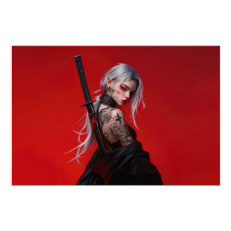 Pôster Brilhante de Katana de Guerreira Anime