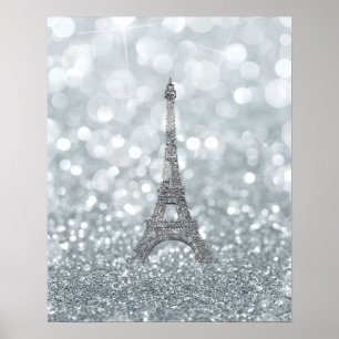 Pôster Brilho de Glitter Prateado Torre Eiffel Glam