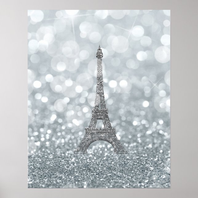 Pôster Brilho de Glitter Prateado Torre Eiffel Glam (Frente)