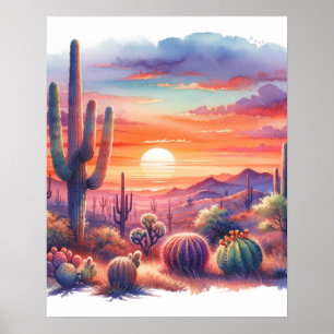 Poster Brilho do Pôr do Sol no Deserto Aquarela Sudoeste