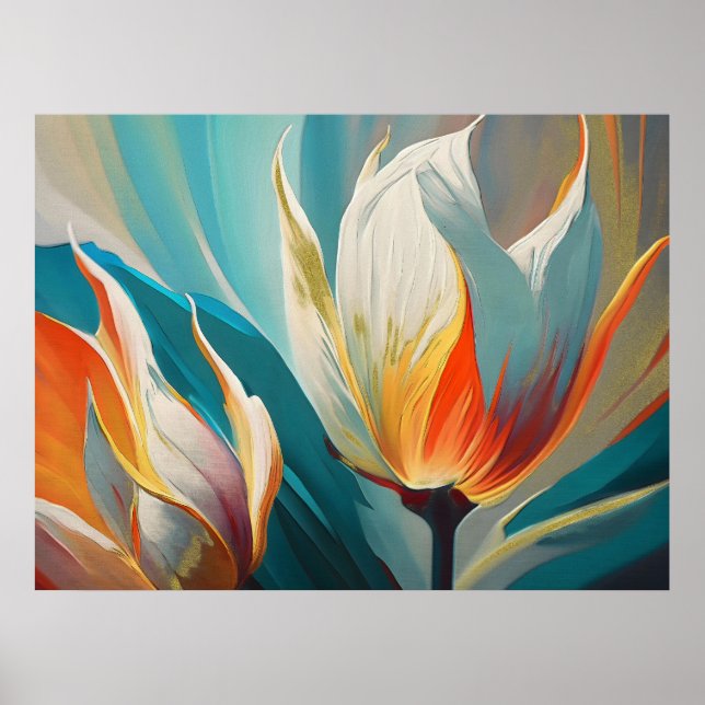Poster Brilho Floral Abstrato em Turquesa e Laranja (Frente)