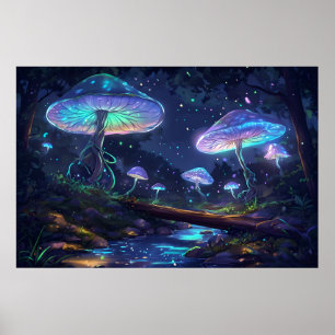 Poster Brilho Místico Florestal - Cogumelo Bioluminescent
