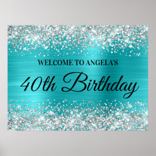 Poster Brilho Prateado Turquesa Azul Folha 40º Aniversári