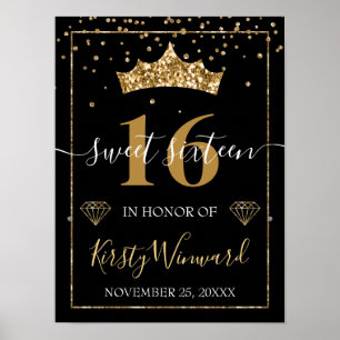 Poster Brilho Preto e Dourado Diamante Confete & Tiara
