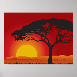 Pôster Briliiant Red Sunset Under The Bonsai Tree