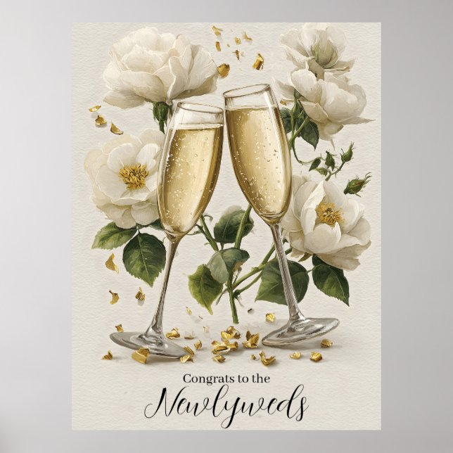 Poster Brinde de champanhe elegante com rosas brancas (Frente)