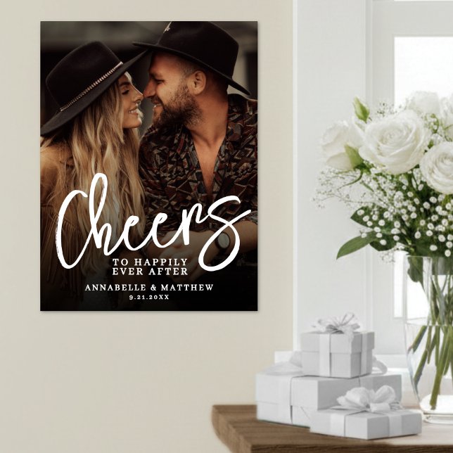 Poster Brinde Para Feliz Para Sempre Sinal de Foto de Cas (Cheers To Happily Ever After Photo Wedding Sign)