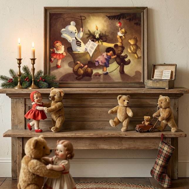 Poster Brinquedos de Natal Antigos, Bonecas Dançantes, Ur (Vintage illustration Christmas design featuring toys and dolls dancing under a Christmas tree.)