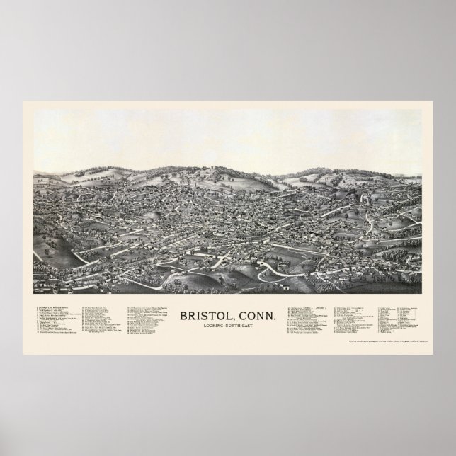Poster Bristol, CT Mapa Panorâmico - 1889 (Frente)