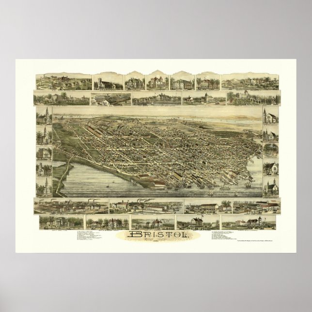 Pôster Bristol, Mapa Panorâmico do RI - 1891 (Frente)